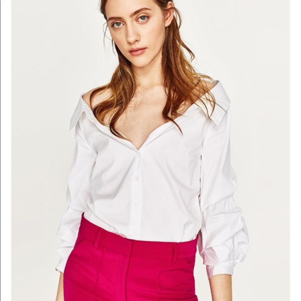 Zara off the shoulder puff sleeve button up